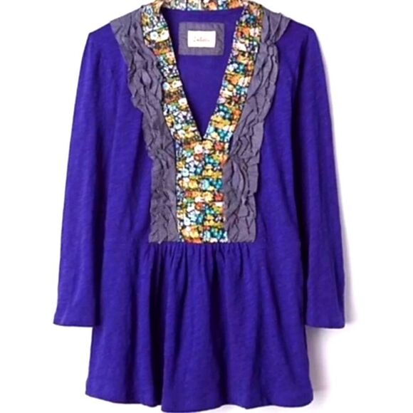 NWT Anthropologie Deletta Blouse with Tuxedo Ruffles Indigo Blue - Picture 1 of 5